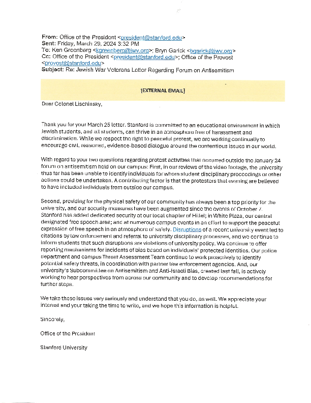 Reply from Stanford Regarding JWV Letter